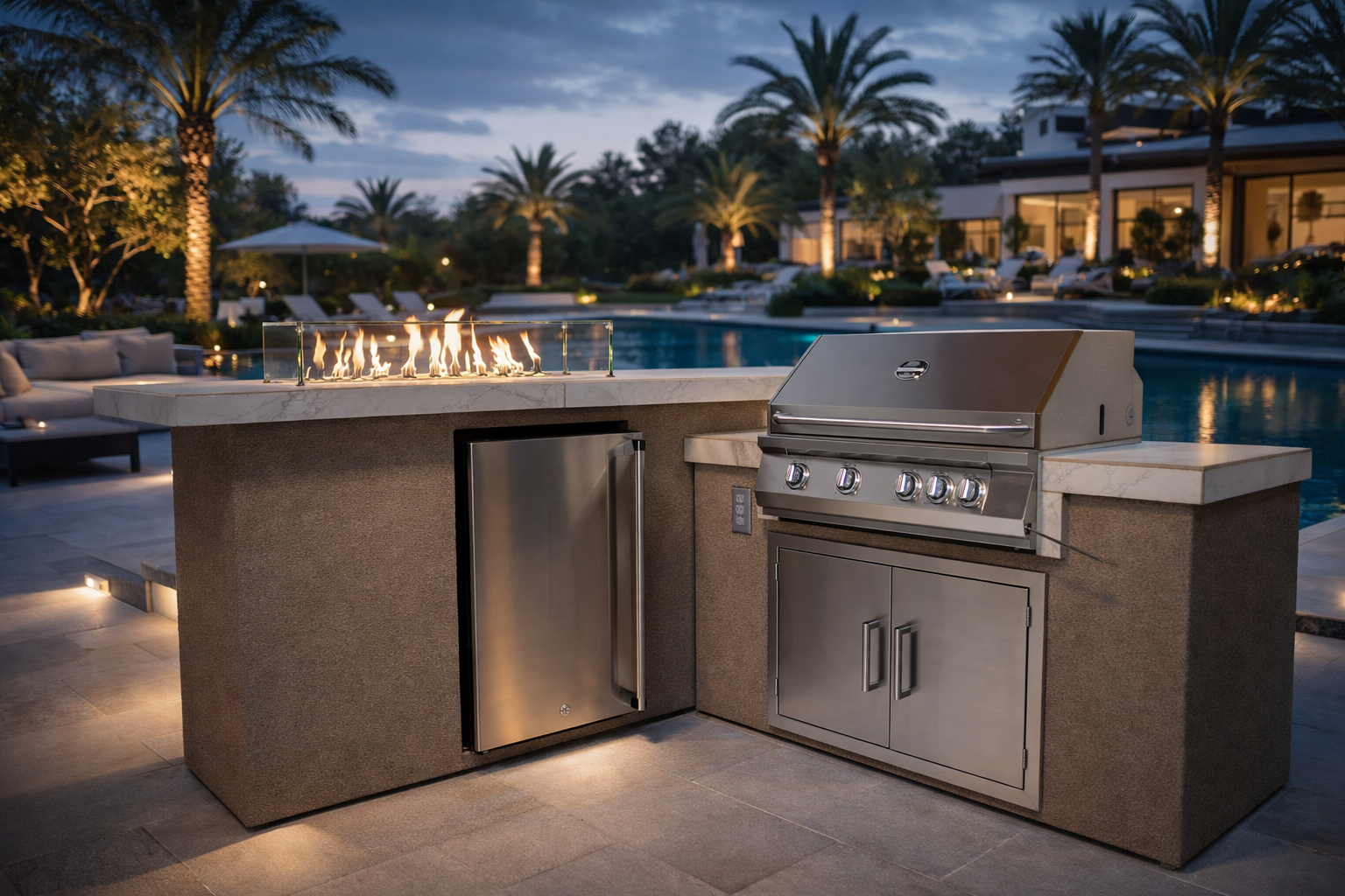Luxury outdoor kitchen with built-in grill and fire feature.