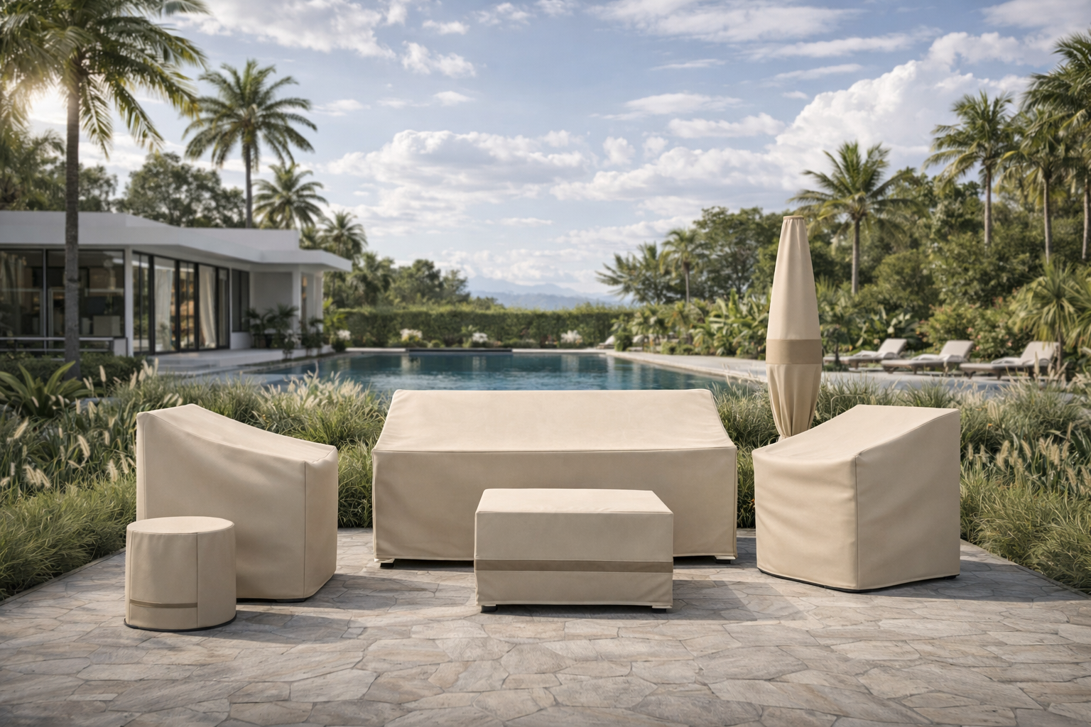 Beige outdoor furniture set by a pool with palm trees and a house in the background.