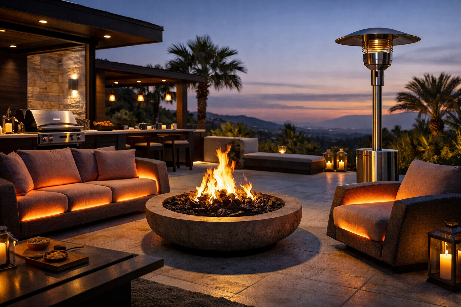 Luxury outdoor patio with fire pit and modern seating at sunset.