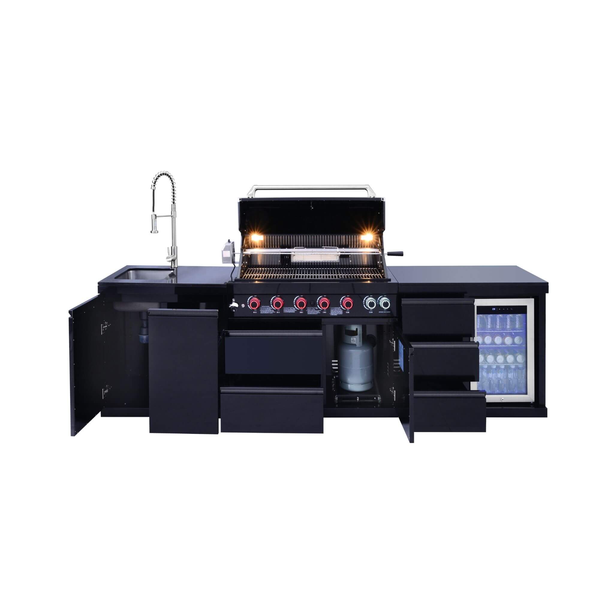 Castelle Flame Summit BBQ Island,6-Burner 85000 BTU Liquid Propane Grill Island With Sink And Fridge