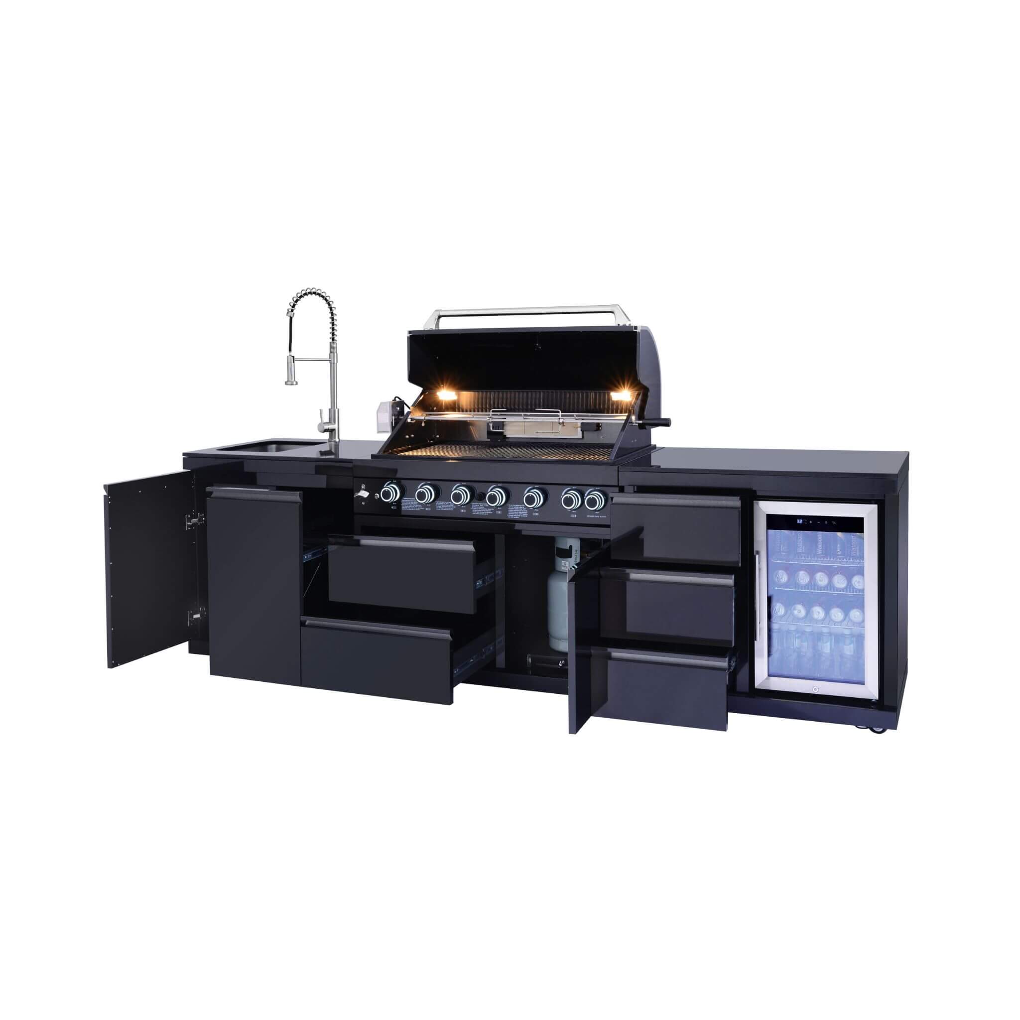 Castelle Flame Summit BBQ Island,6-Burner 85000 BTU Liquid Propane Grill Island With Sink And Fridge