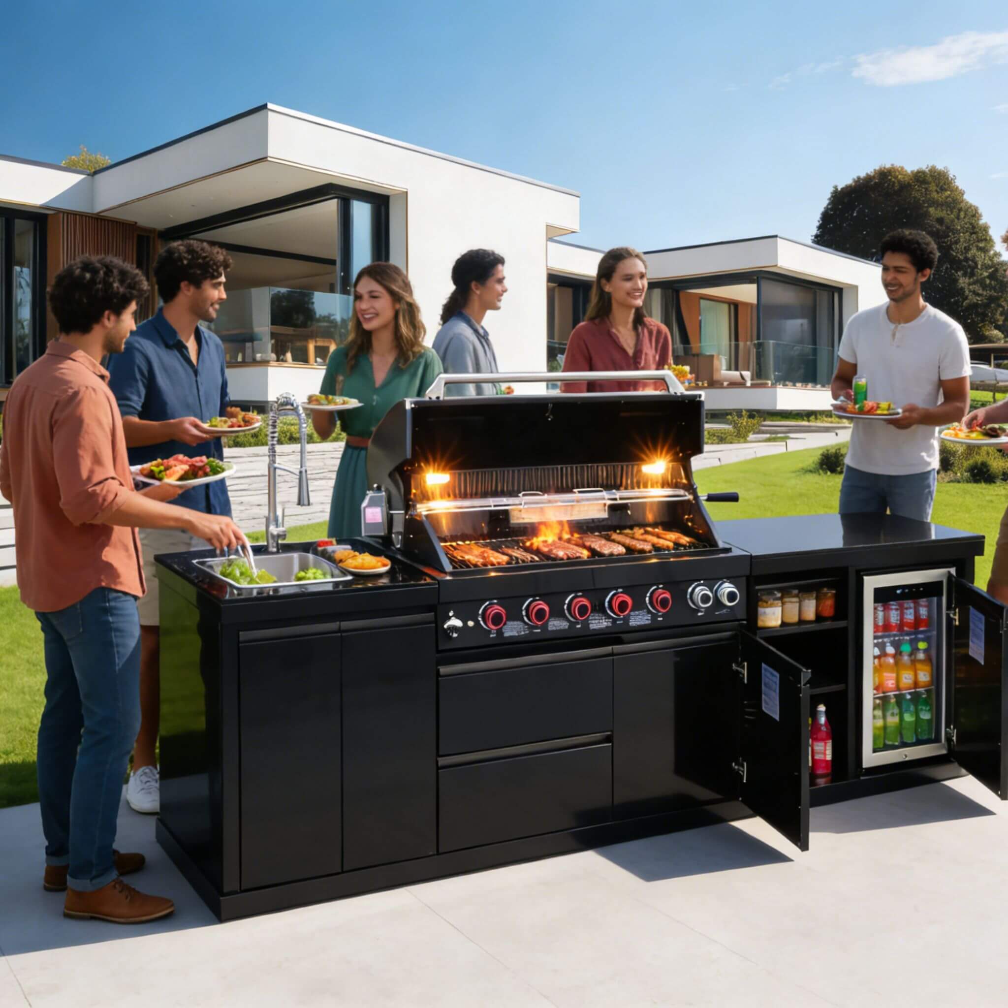 Castelle Flame Summit BBQ Island,6-Burner 85000 BTU Liquid Propane Grill Island With Sink And Fridge