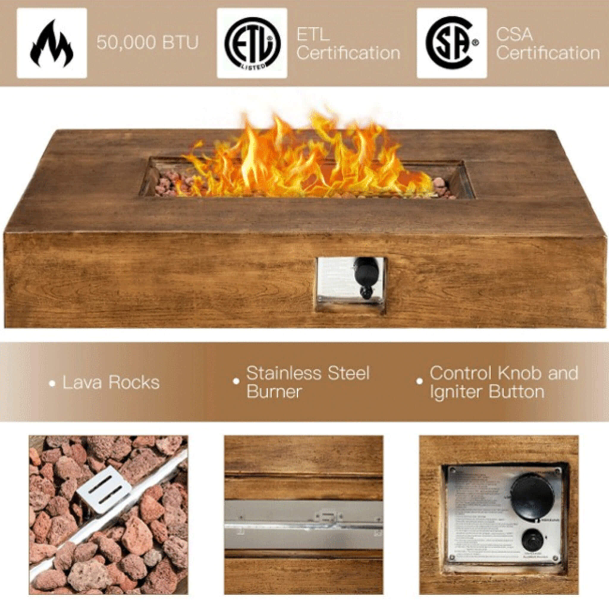 Alora Outdoor Propane Gas Fire Pit Table W/ Lava Rocks & Cover, 50K BTU