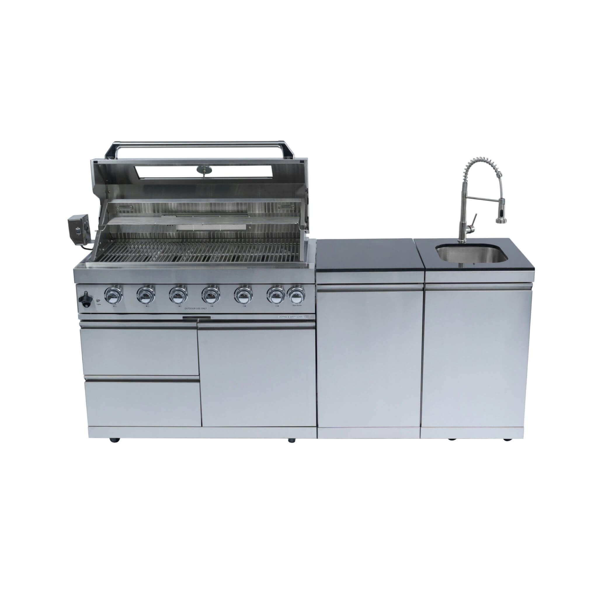 Castelle Flame Tuscany Outdoor BBQ Liquid Propane Kitchen Grill Island With 43-Inch 6-Burner 85K BTU Propane Gas Grill, Rotisserie Kit, And Storage Cabinets