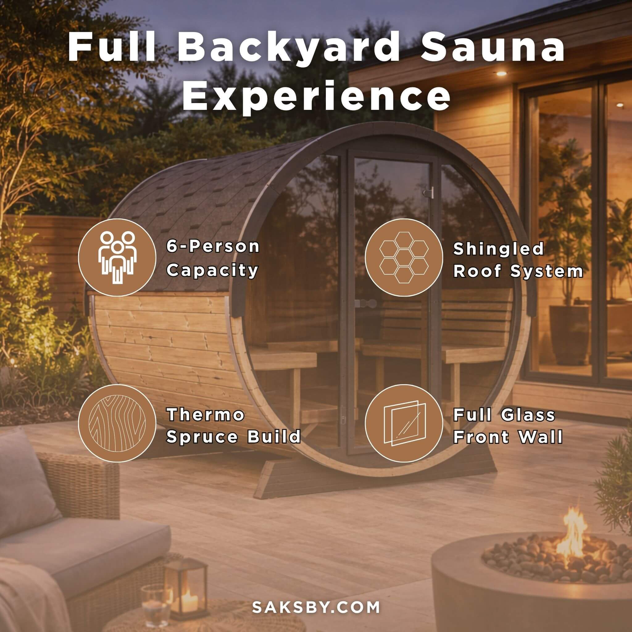 SaunaLife Model EE8G Ergo Series 6-Person Outdoor Sauna Barrel With Tempered Glass Front