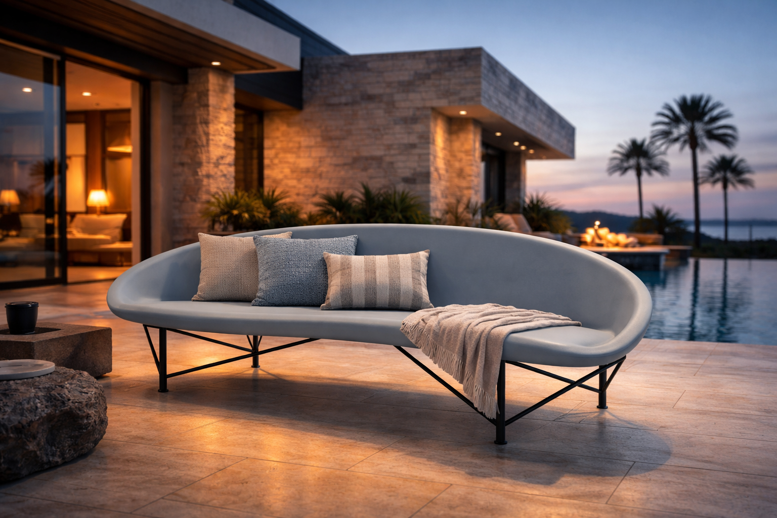 Modern light blue curved outdoor sofa with throw pillows and a blanket on a luxury patio beside an infinity pool at sunset.