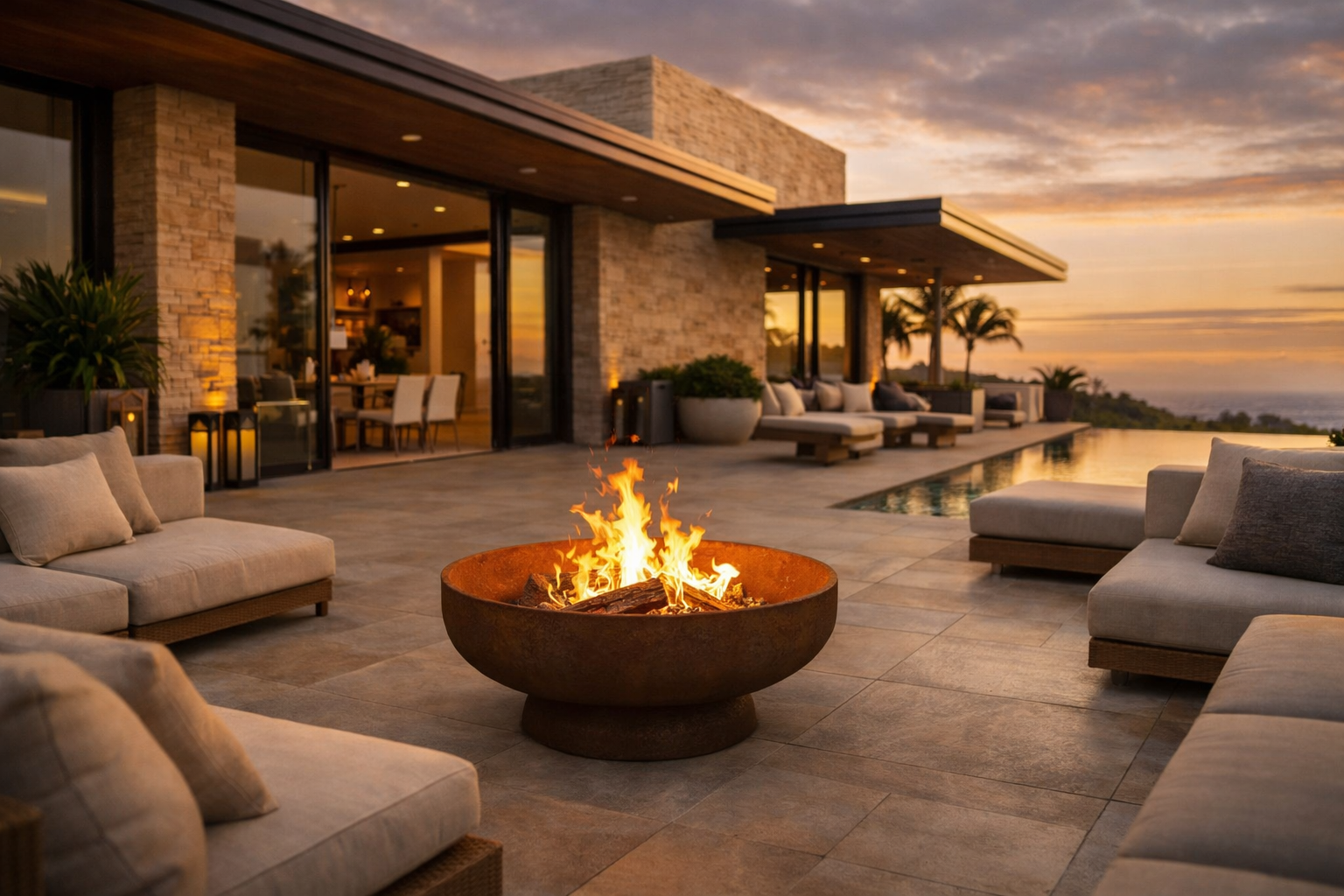 Modern luxury home patio with outdoor seating, fire pit, and infinity pool at sunset