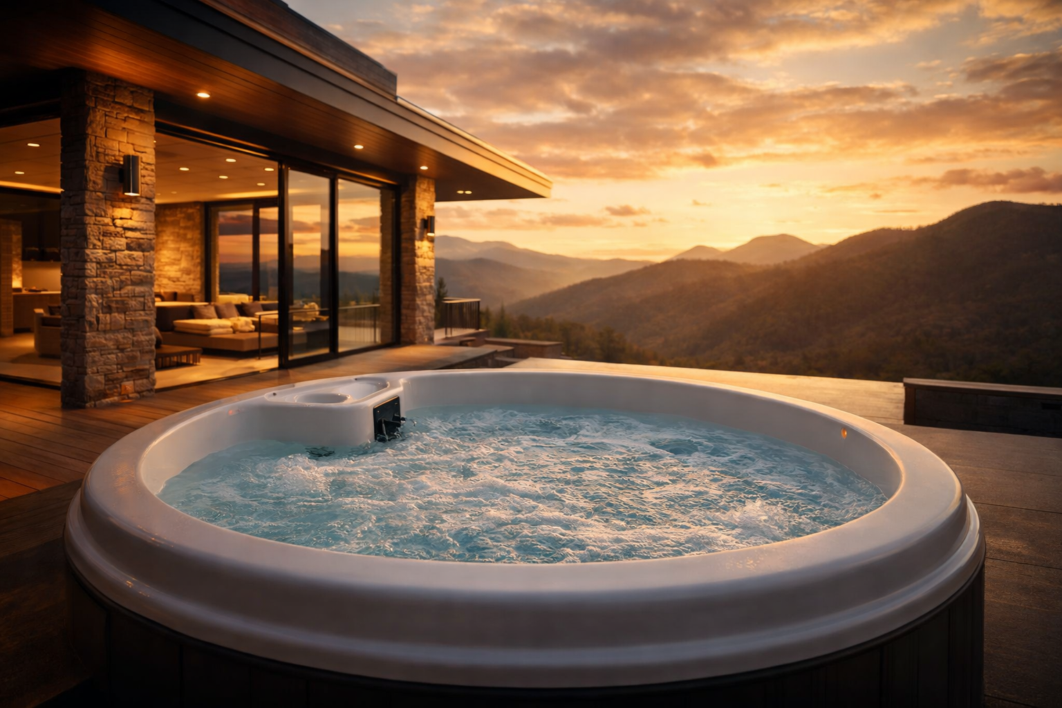 Luxury outdoor hot tub with mountain sunset view.