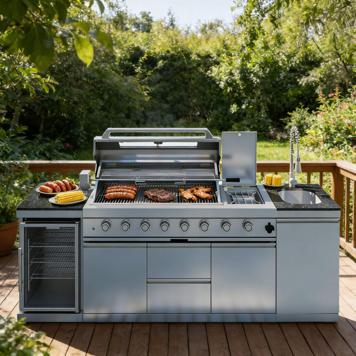 Castelle Flame Capri 96-Inch 6-Burner 85000 BTU Outdoor Kitchen Liquid Propane Grill Island With Fridge (SAK42895) Default