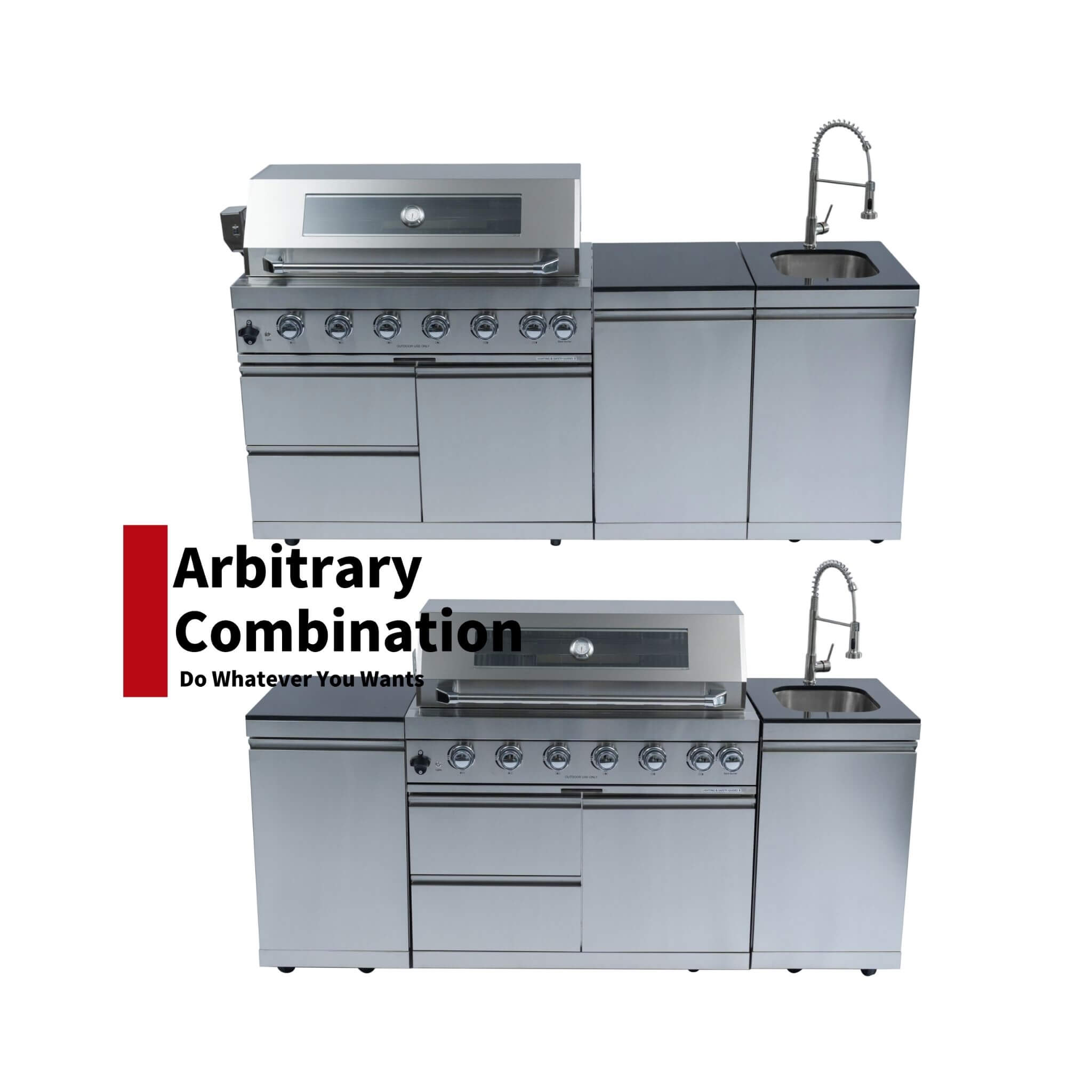 Castelle Flame Tuscany Outdoor BBQ Liquid Propane Kitchen Grill Island With 43-Inch 6-Burner 85K BTU Propane Gas Grill, Rotisserie Kit, And Storage Cabinets
