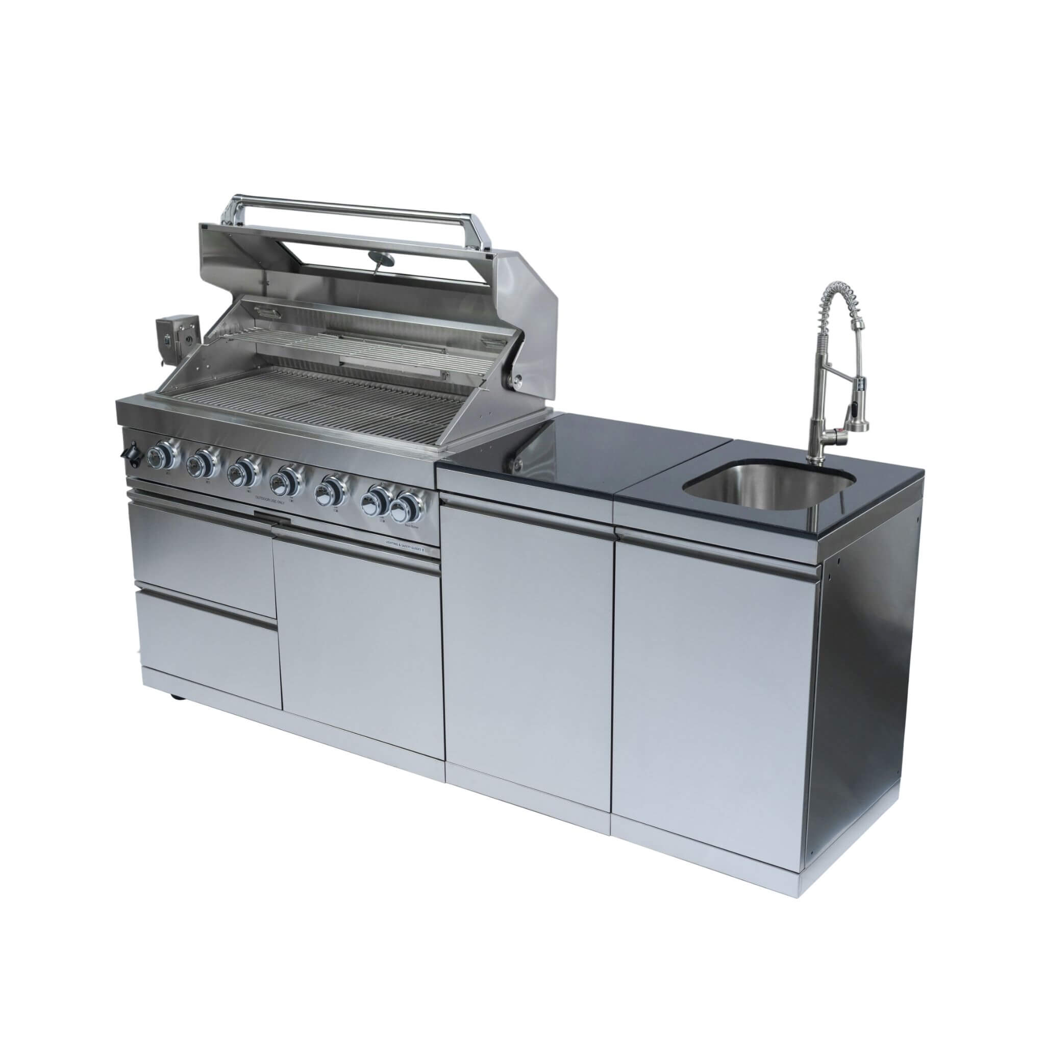 Castelle Flame Tuscany Outdoor BBQ Liquid Propane Kitchen Grill Island With 43-Inch 6-Burner 85K BTU Propane Gas Grill, Rotisserie Kit, And Storage Cabinets