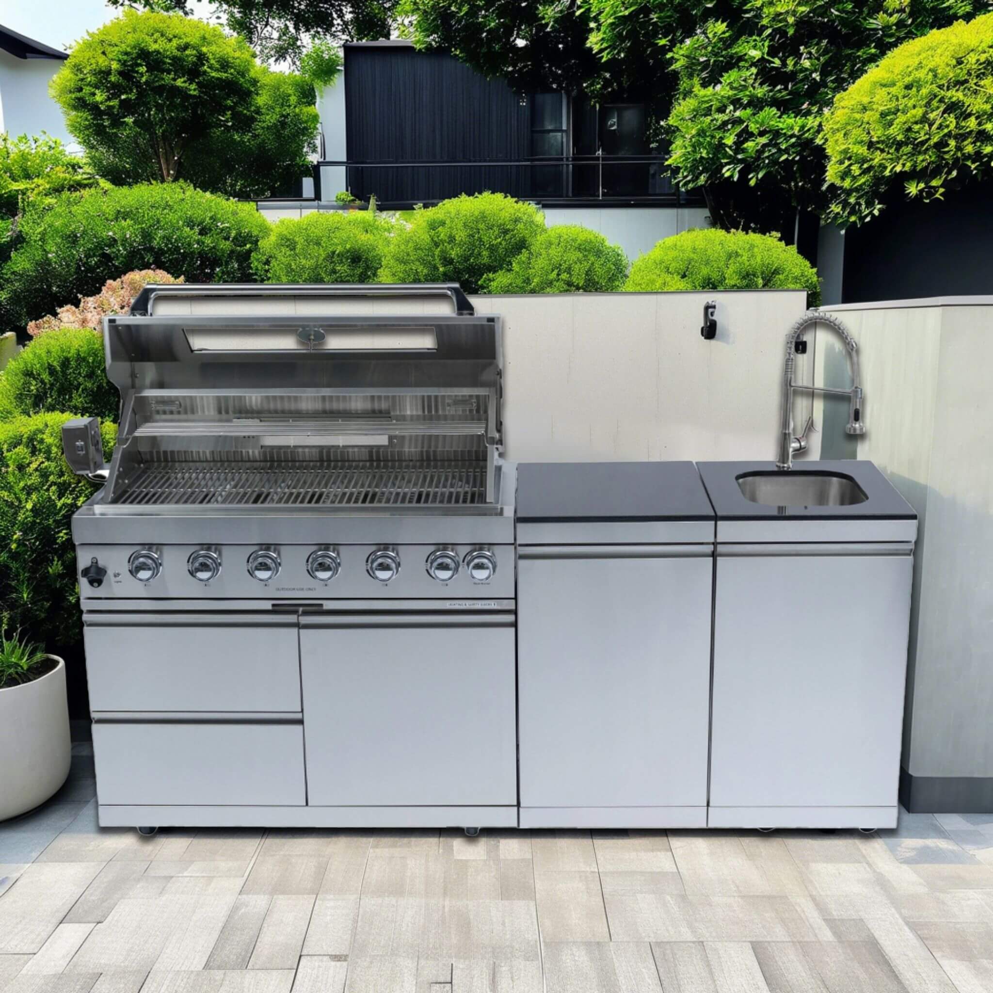 Castelle Flame Tuscany Outdoor BBQ Liquid Propane Kitchen Grill Island With 43-Inch 6-Burner 85K BTU Propane Gas Grill, Rotisserie Kit, And Storage Cabinets