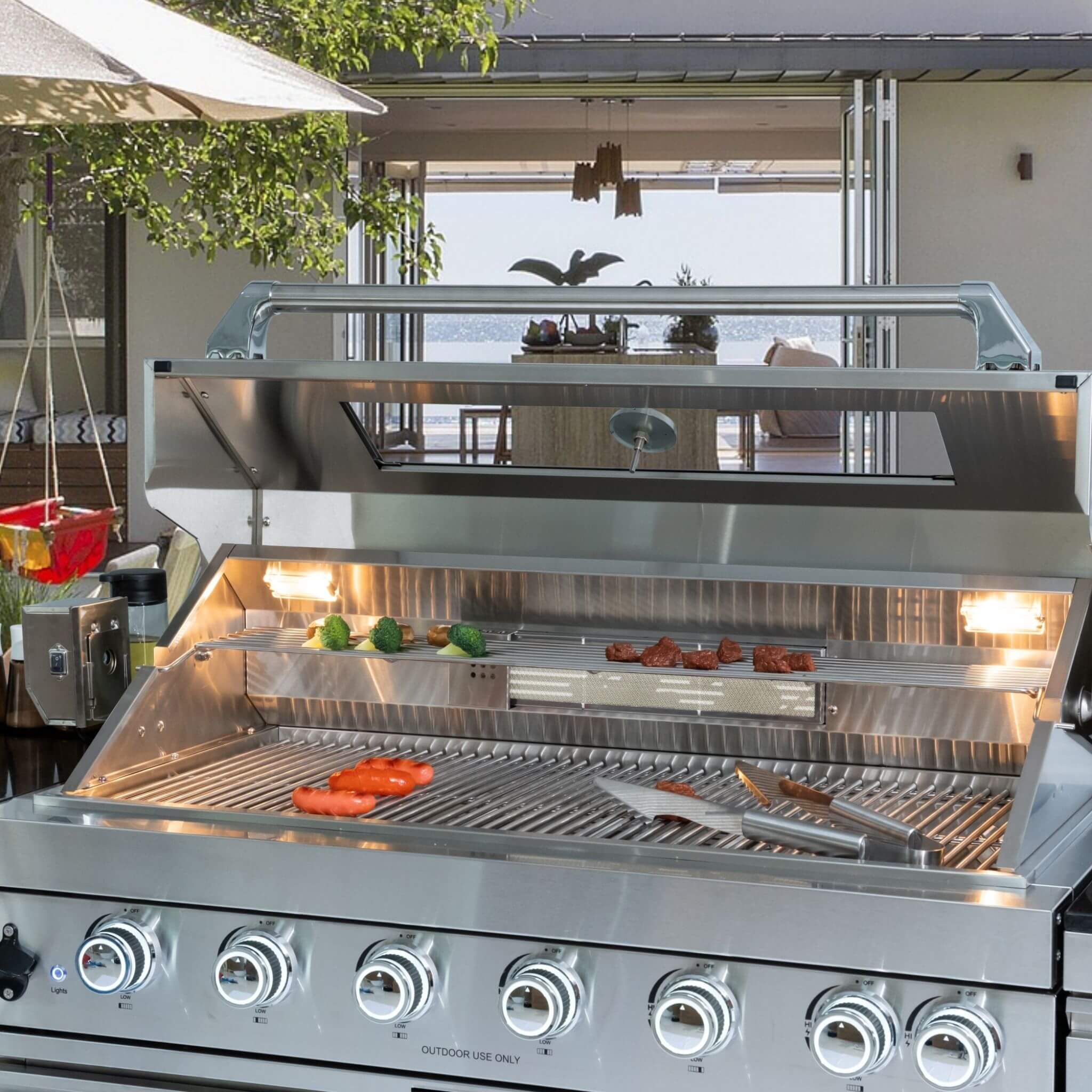Castelle Flame Tuscany Outdoor BBQ Liquid Propane Kitchen Grill Island With 43-Inch 6-Burner 85K BTU Propane Gas Grill, Rotisserie Kit, And Storage Cabinets