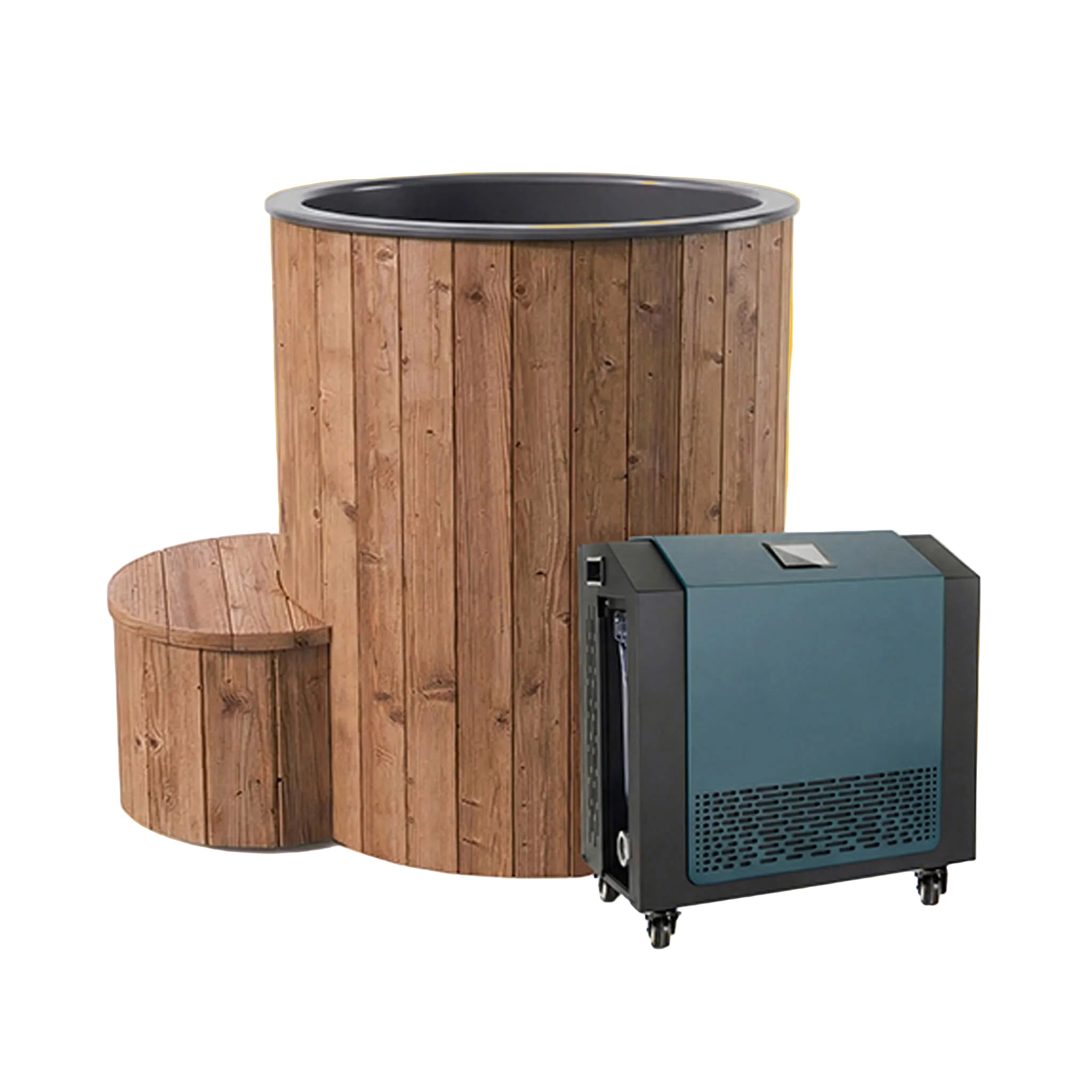 Wooden barrel and black air conditioning unit on a yellow background
